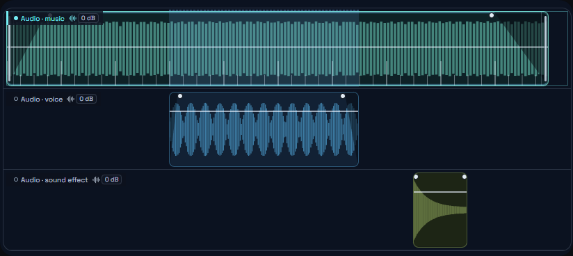 Movaro Audio tracks with sample data: a music clip with a fade-in fills the top track and is shaded where it ducks under a voice clip on the track below; the wide version also shows a short sound effect on a third track.