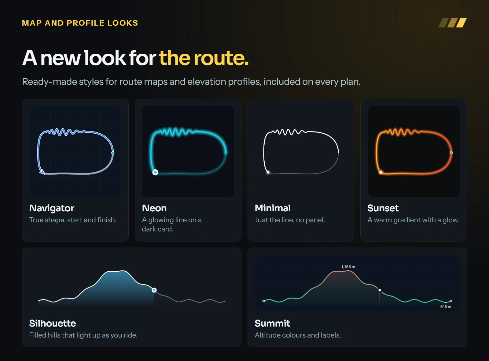 Movaro route maps in the Navigator, Neon, Minimal and Sunset looks, and elevation profiles in the Silhouette and Summit looks, drawn on an illustrative mountain loop.