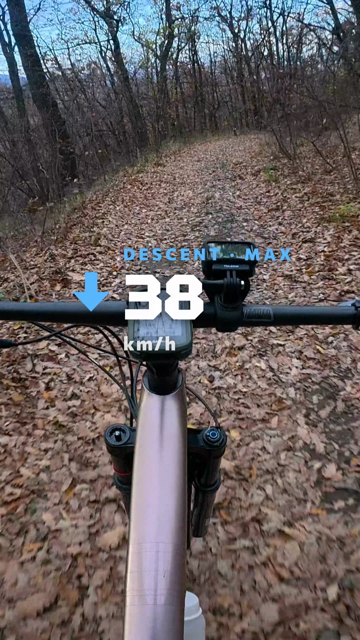 A mountain bike descent on a leaf-covered forest trail with a Descent max title reading 38 km/h