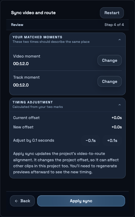 Sync review with matched video and track moments and timing adjustment controls.