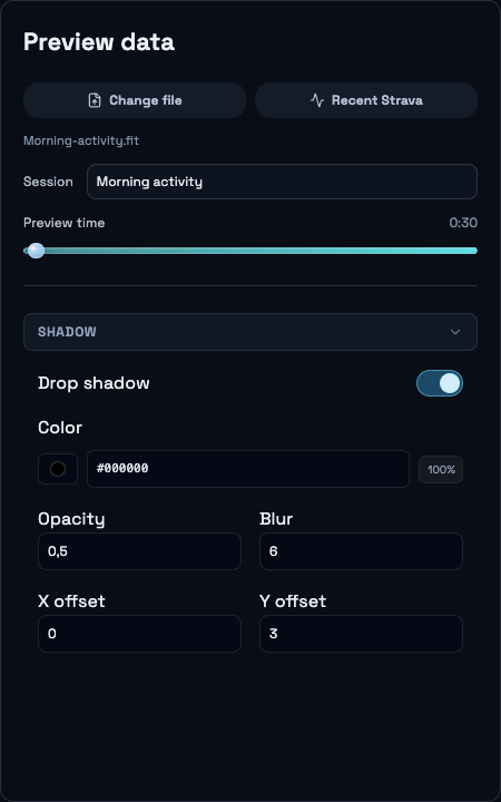 Preview data and drop shadow controls, including color, opacity, blur and offsets.