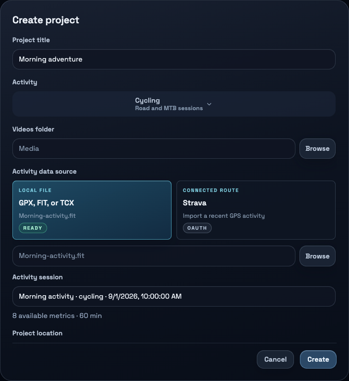 Create project dialog with GPX, FIT or TCX file import, Strava and an activity session selector.
