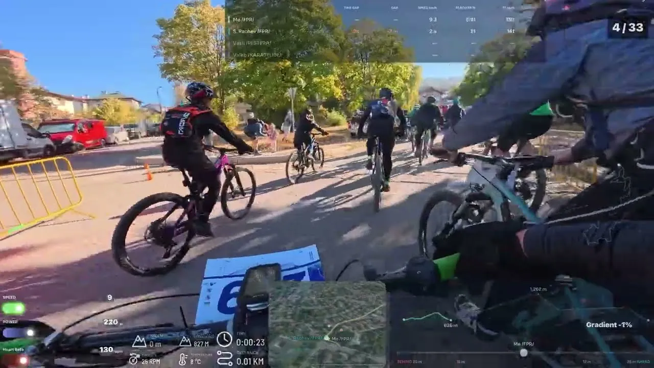 The race start from Boris’s handlebar camera, with his race position, leaderboard and map from Movaro on the video