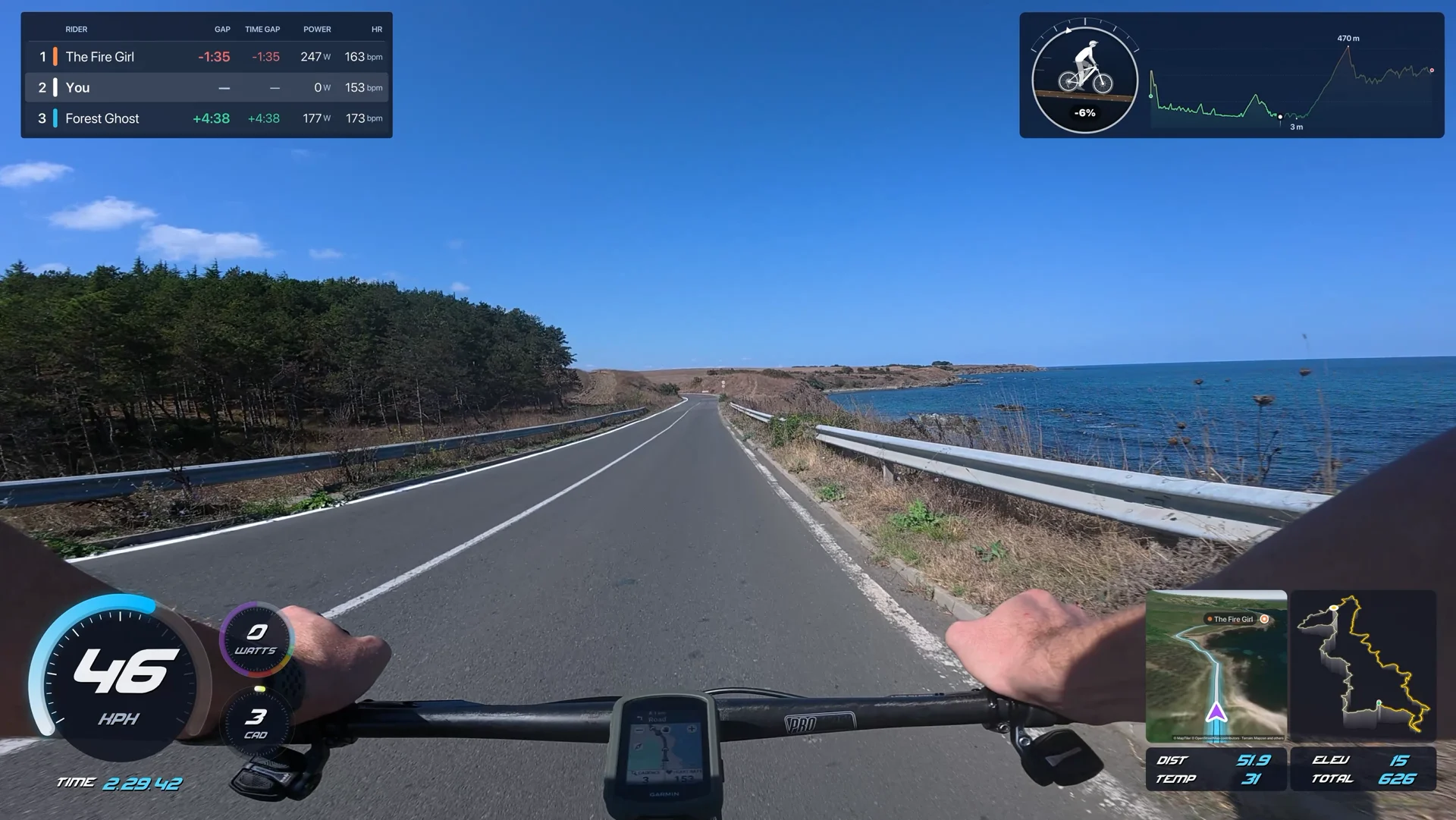 A coast road ride with a satellite 3D route map and gauges, made in Movaro