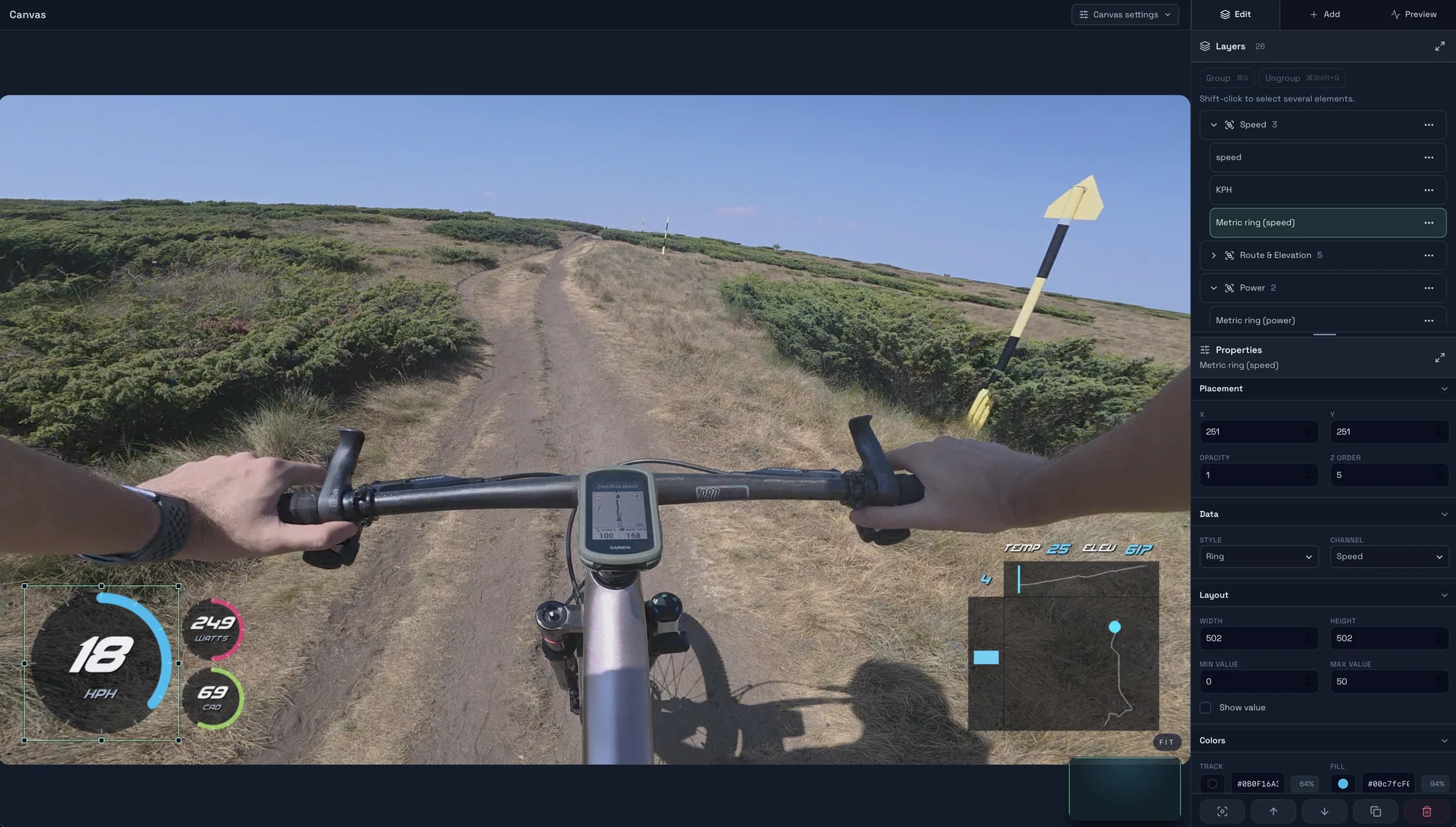 The Movaro layout editor: a speed ring selected on a ride, with its layers and properties on the right