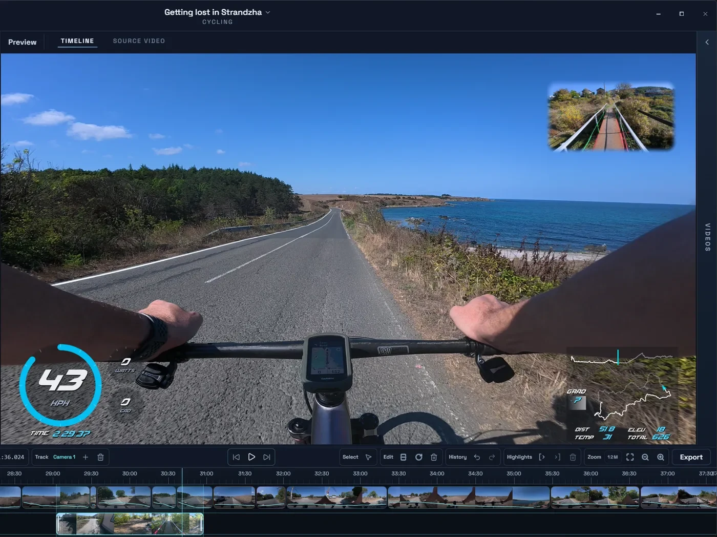 The Movaro editor with a coast road ride, a friend's camera as picture in picture, and the timeline below